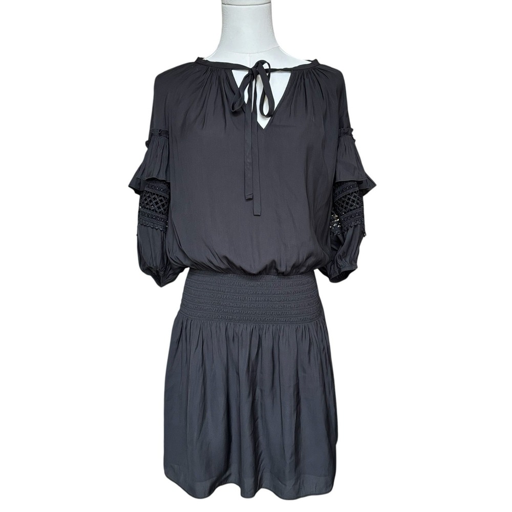 RAMY BROOK Mara Mini Dress Sz Small Balloon Crochet Sleeve Black Lined